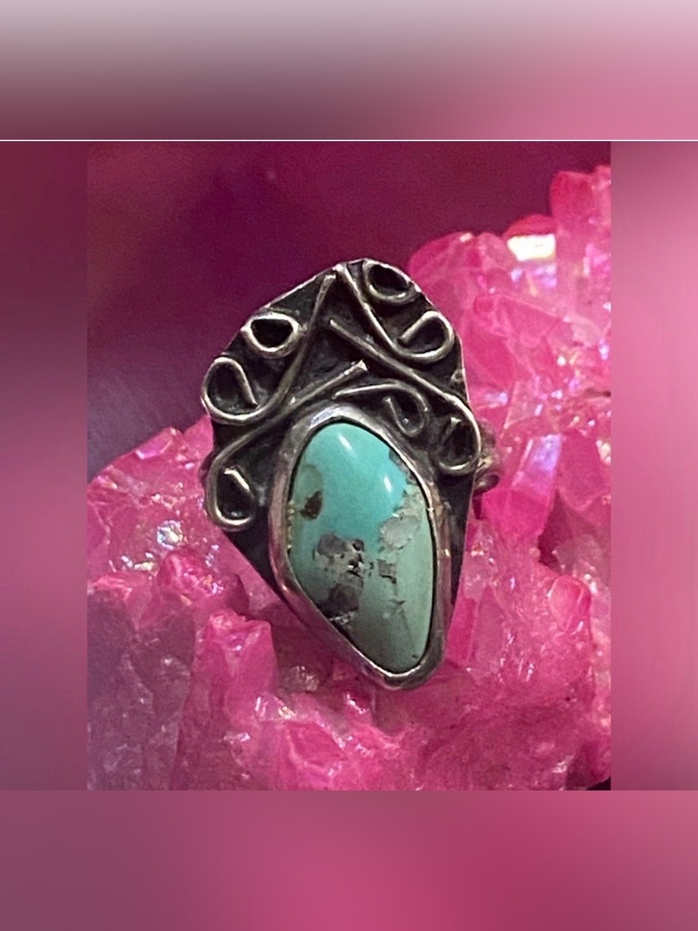 Vintage Native Sterling Silver Large Turquoise Stamped H Ring #7803